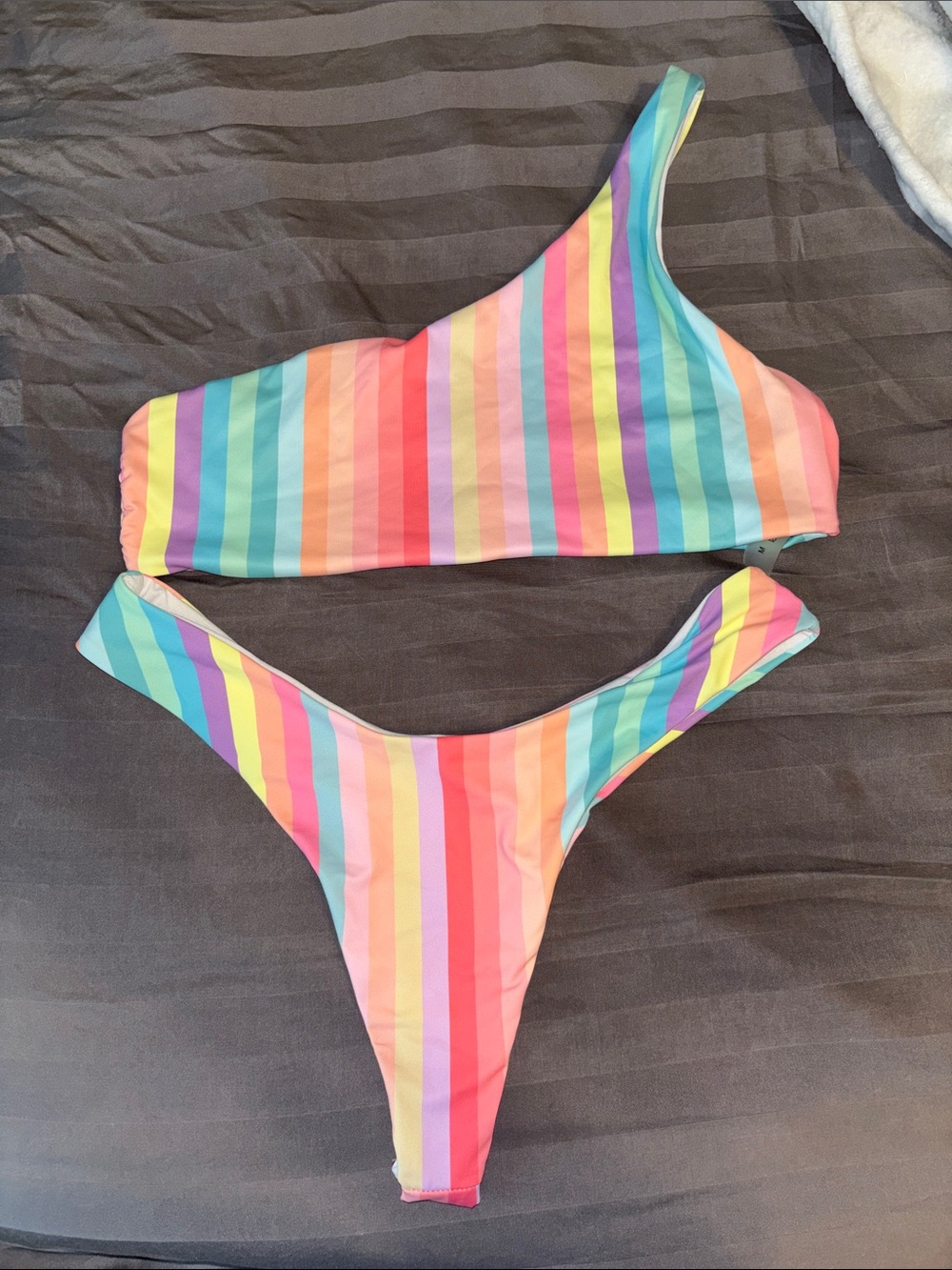 SHEIN Multicolor Rainbow Stripe One-Shoulder Bikini